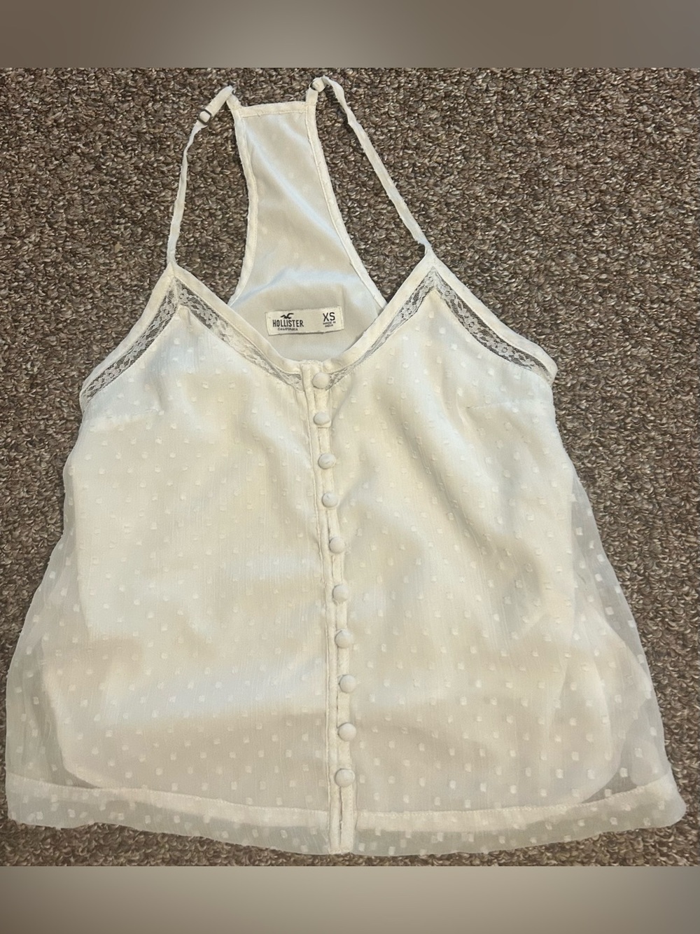 Hollister XS Women's White Swiss Dot Button-Front Halter Tank Top Lace Trim